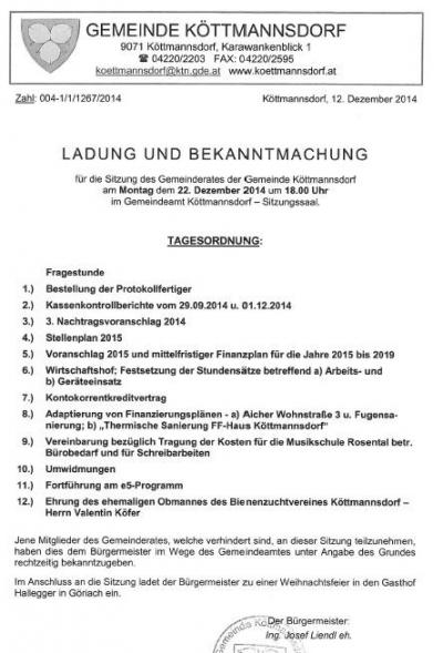 Občinska seja / Gemeinderatssitzung  22.12.2014