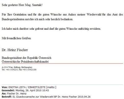 Dankschreiben von BP Heinz Fischer an die Einheitsliste