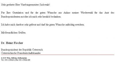 Dankschreiben von BP Heinz Fischer an Vizebürgermeister Sadovnik